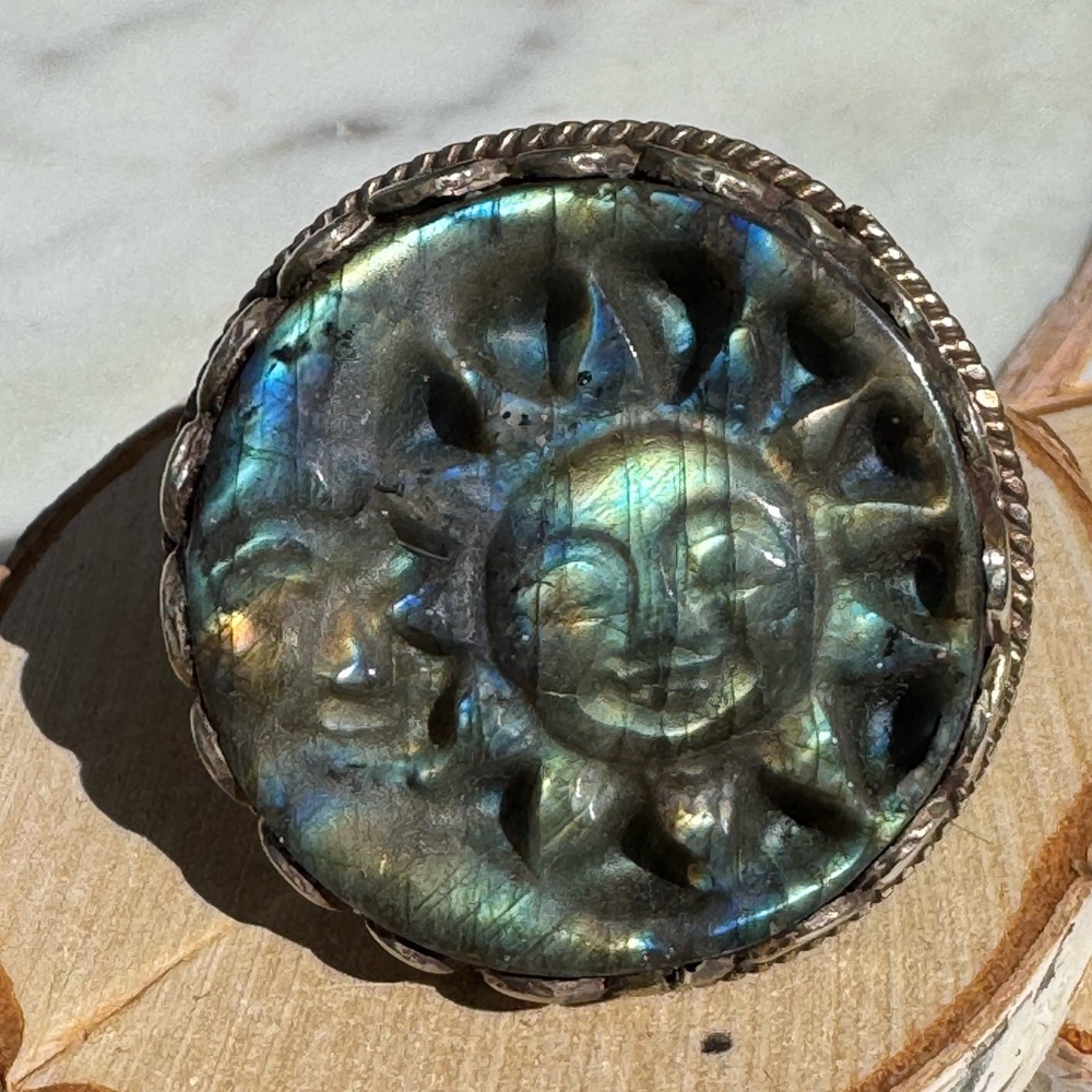 Sun and Moon Labradorite Adjustable Ring 1 3/4”